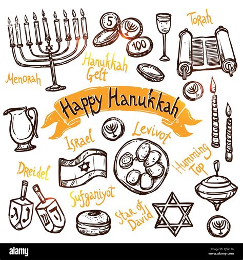Hanukkah Traditional Jewish Holiday Doodle Symbols Set Isolated Vector