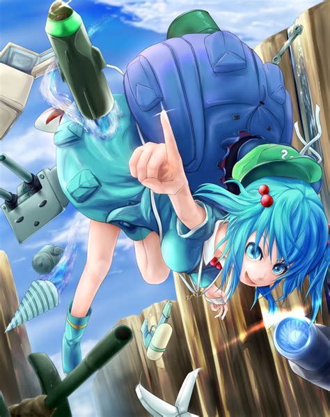 Shuwasshoi Kawashiro Nitori Touhou Highres Girl Backpack Bag Blue Eyes Blue Hair Claws