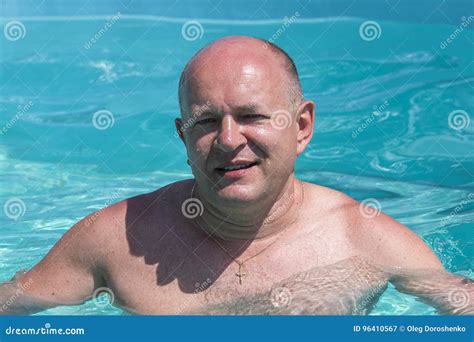 Middle Aged Man Relaxing In Swimming Pool Closeup Stock Image Image
