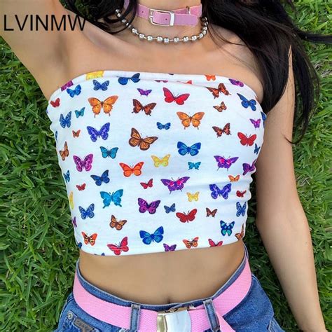 Lvinmw Sexy Multicolor Butterfly Print Strapless Slash Neck Tube Tops Fashion 2019 Summer Women