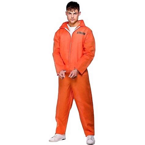 Adult Orange Convict Inmate Prisoner Fancy Dress Costume Mens Jail