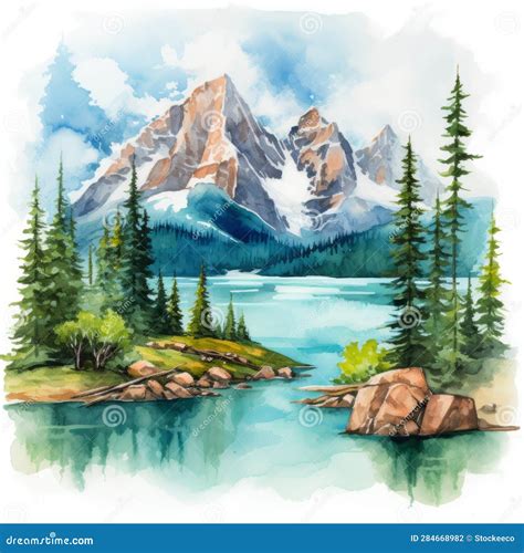 Watercolor Landscape Drawing Moraine Lake With Waterfalls And