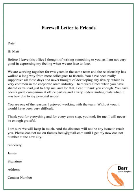 Free Farewell Letter Template Format Sample Example