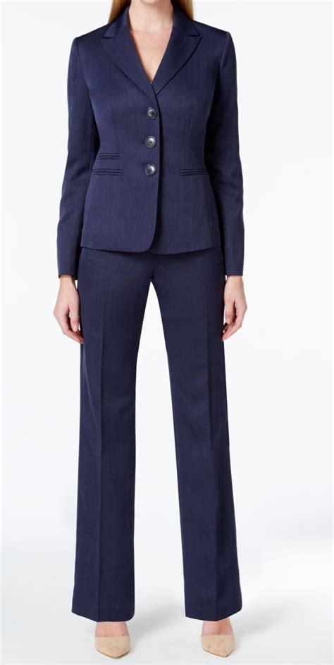 Le Suit New Navy Blue Womens Herringnbone Textured Pant Suit Set