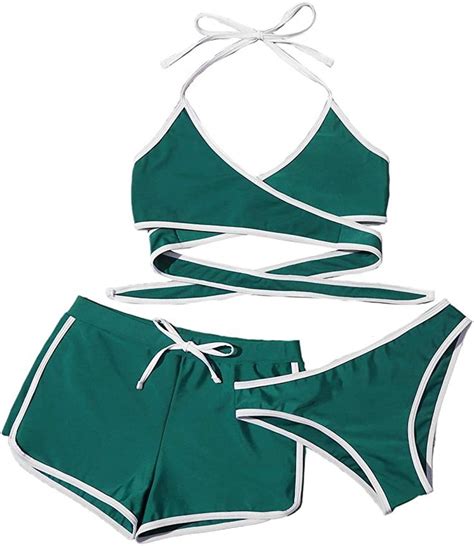 Sweatyrocks Womens Three Piece Swimsuit Leaf Print Wrap Halter Top With Shorts Bikini Set