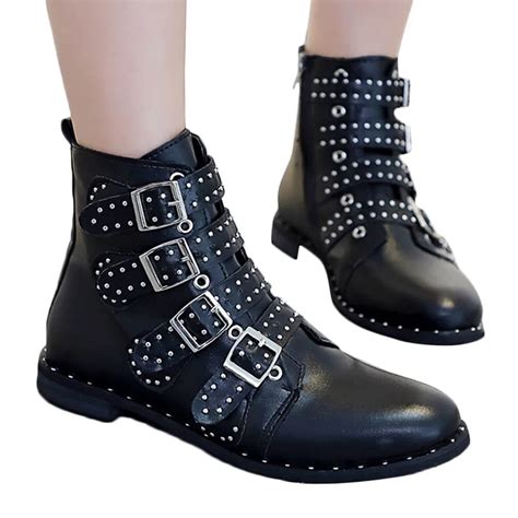 2018 New Rivets Pu Leather Women Booties Buckle Straps Thick Heel Black