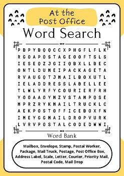 At the Post Office : Word Search Puzzle Challenge - Printable Activity