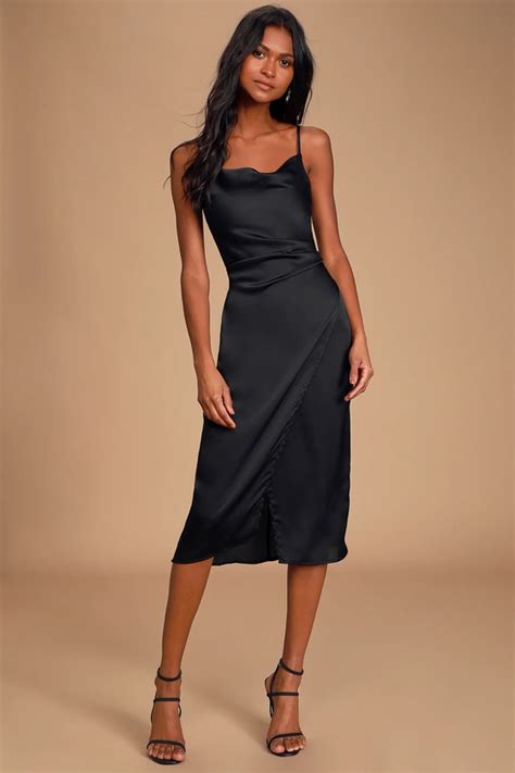 Sleek Black Dress Satin Dress Midi Dress Sleeveless Dress Midi