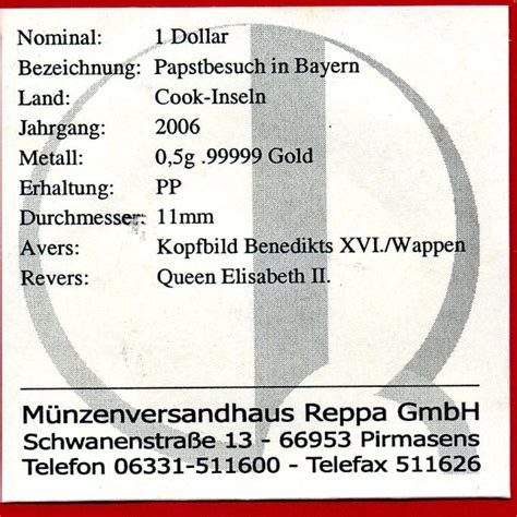 Der bruder des emeritierten papstes benedikt xvi. Cook-Inseln 1 Dollar Minigoldmünze 2006 Kopfbild Papst ...