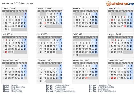 Kalender Barbados 2023 Mit Feiertage