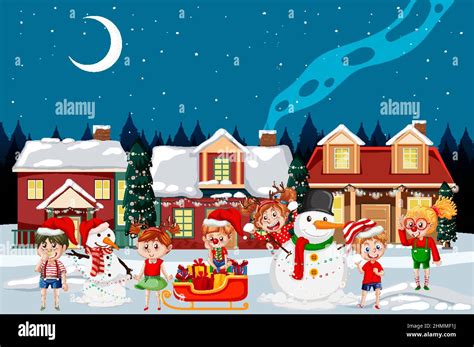 Christmas Winter Scene With Children And Snowman Illustration Stock