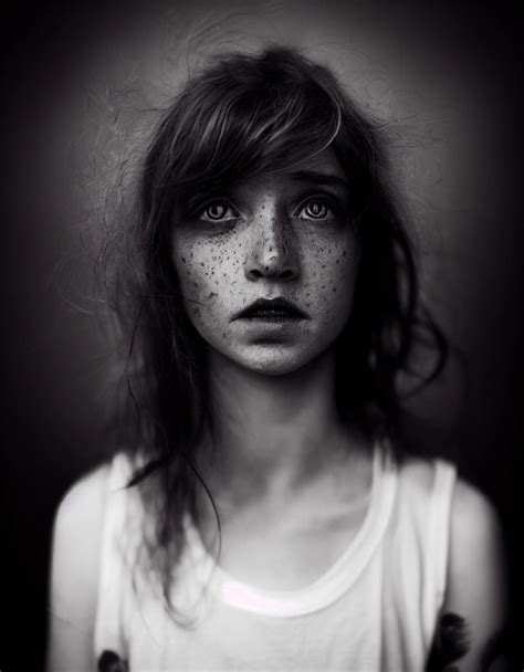 Black And White Photography Portrait Of Freckles Girl Midjourney