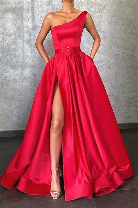Miabel Red One Shoulder Prom Dress Split With Pockets