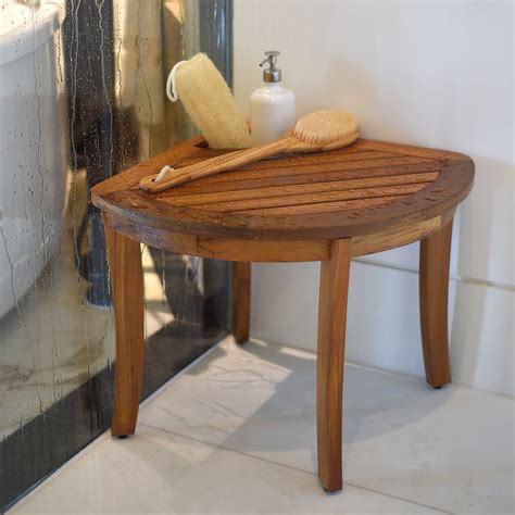 Dussi Solid Teak Wood Corner Shower Bench Stool With Toiletries Holder