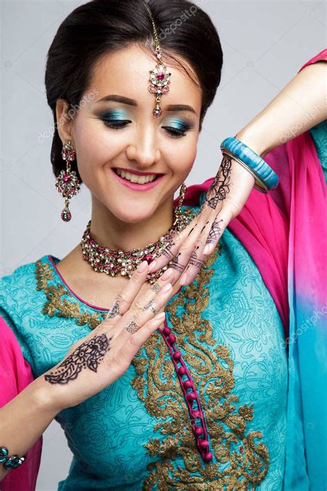 Portrait Of Beautiful Smiling Indian Girl Young Indian Woman Model With Traditional Jewelry Set