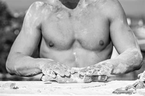 Hands Of Chef Cook Working With Dough And Flour Muscular Torso On Background Bakery Concept