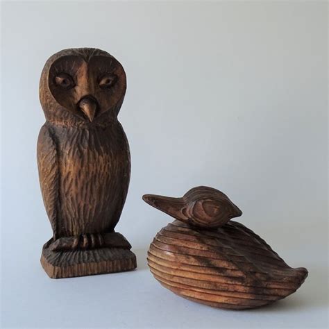 Two Hand Carved Wooden Birds An Owl And A Duck Catawiki