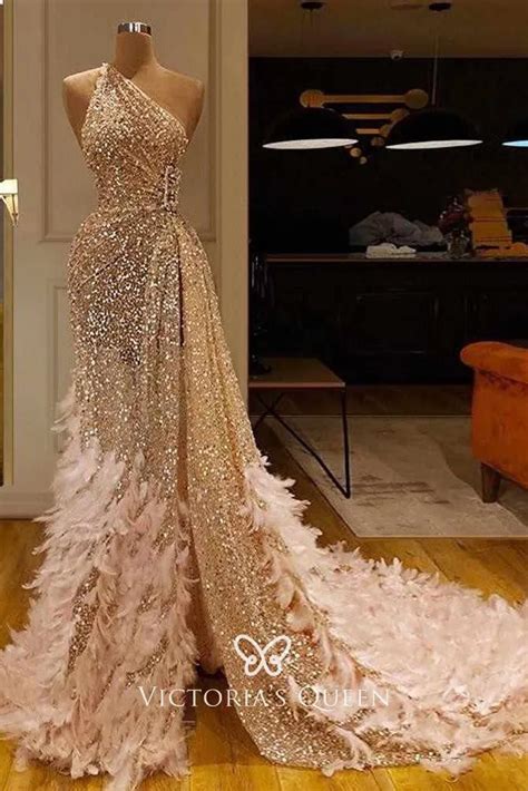 One Shoulder Nude Glitter Mesh Unique Long Prom Dress Vq