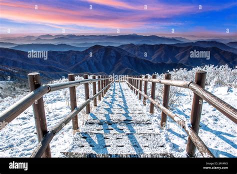 Beautiful Sunrise And Staircase On Deogyusan Mountains Covered With