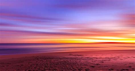 Sunset Purple Sky Beach Sand Shore Water Ocean Sea