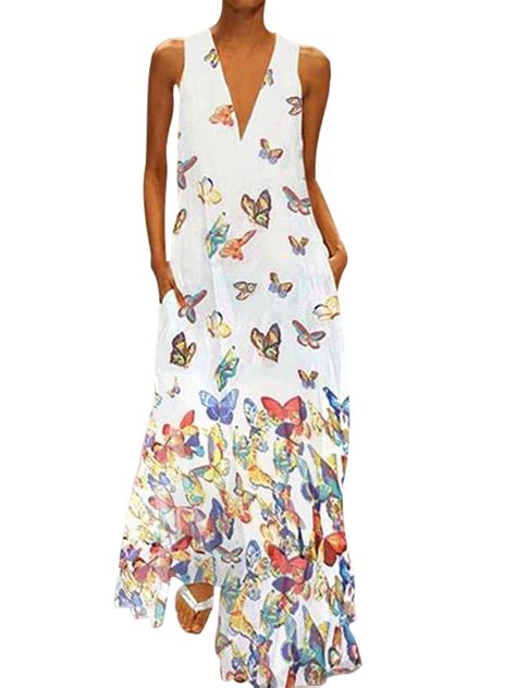 Plus Size Women Bohemia Dress Sleeveless Butterfly Print Summer Sexy V Neck Long Maxi Dress