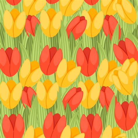 Premium Vector Seamless Pattern Spring Red And Yellow Tulip Green