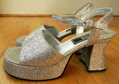 White 70's men's platform shoes disco dancing retro fancy dress accessory. Vintage 70s Silver Glitter Metallic Platform Shoes Disco ...