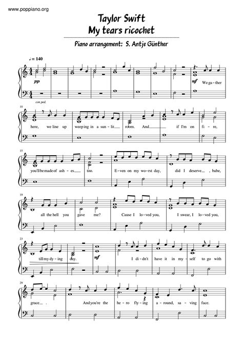 ★Taylor Swift - My Tears Ricochet ピアノ譜pdf- 香港ポップピアノ協会 無料PDF楽譜ダウンロード