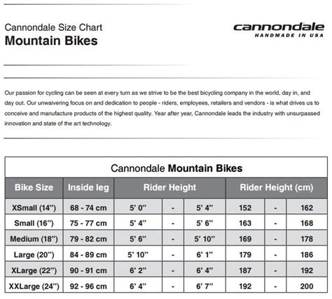 Cannondale Mountain Bike Sizing Chart Pdf Cycle Sport Land Transport