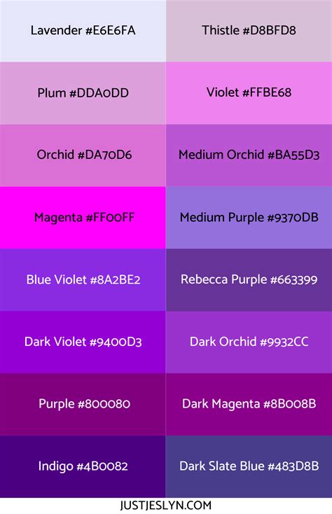 Color Names Purple Color Palettes Best Color Schemes