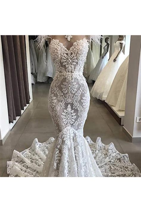 Buy Cheap Luxury Lace Mermaid Wedding Dress With Train Sexy Open Back Pearls Wedding Sjspe5as8ya