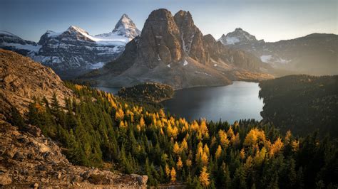 Beautiful Lake Surrounded By Mountains Green Yellow Autumn Trees Under