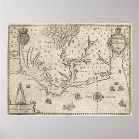 Vintage Map Of Coastal North Carolina 1590 Poster Zazzle