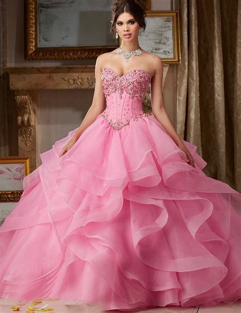 Cheap Pink Quinceanera Dresses Cheap Layered Ball Gown Organza Beaded Sequins Top Bodice
