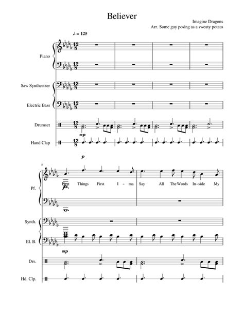 Believer Imagine Dragons Sheet Music For Piano Drum Group Bass Hand