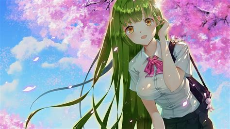 Download 1920x1080 Leah Mirror Green Hair Cherry Blossom Anime