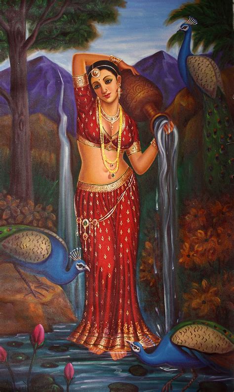 A Painting Of A Woman In Red Sari With Peacocks And Trees Behind Her