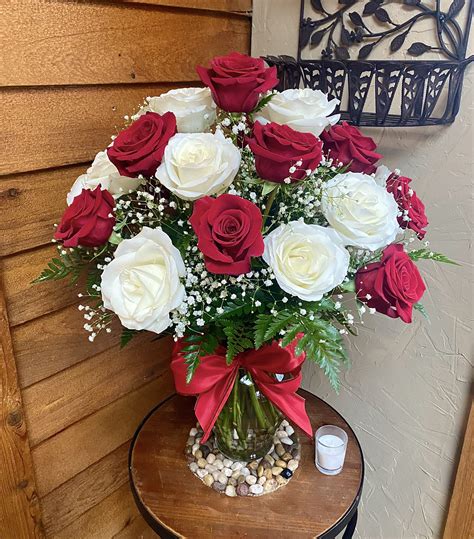 Nostalgic 24 Classic Red And White Roses With Babys Breath In Cary Il