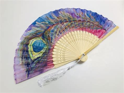 Hand Painted Hand Fan Peacock Feather With Case Designer Etsy Hand