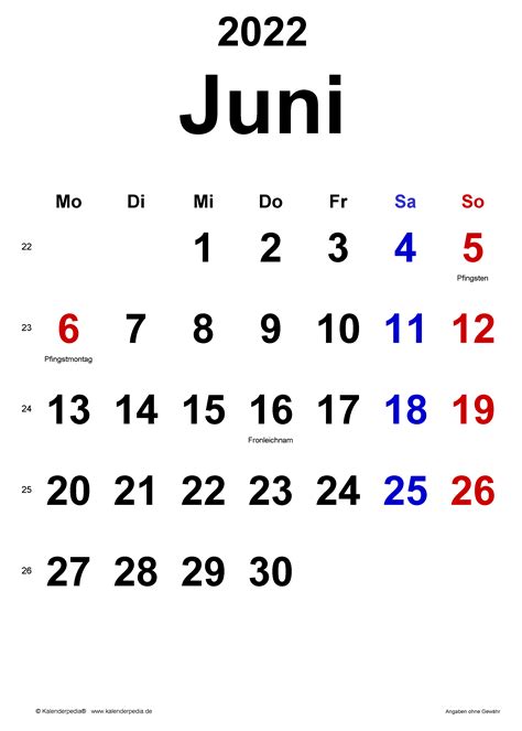 Kalender Juni 2022 Als Pdf Vorlagen