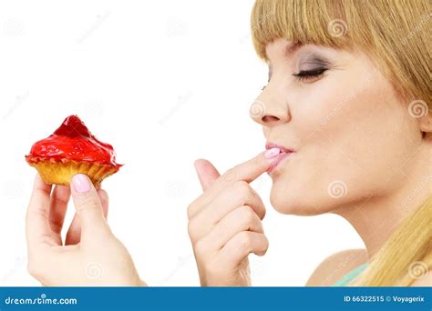 Woman Holds Cake Strawberry Cupcake Stock Image Image Of White Overeating