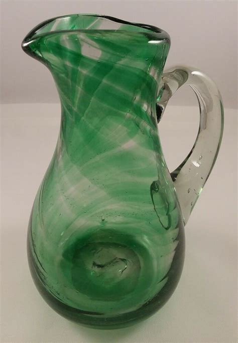 Mid Century Green And Clear Swirl Art Glass 6 3 8 Pitcher With Applied Handle Ebay Glass