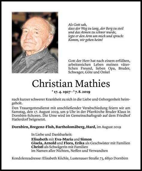 Todesanzeigen Von Christian Mathies Todesanzeigen Vorarlberger