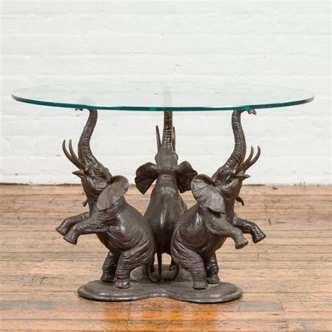 Vintage Triple Raised Elephants Coffee Table Base With Dark Patina