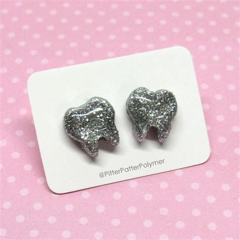 Dental Dentist T Silver Glitter Teeth Earrings Tooth Etsy