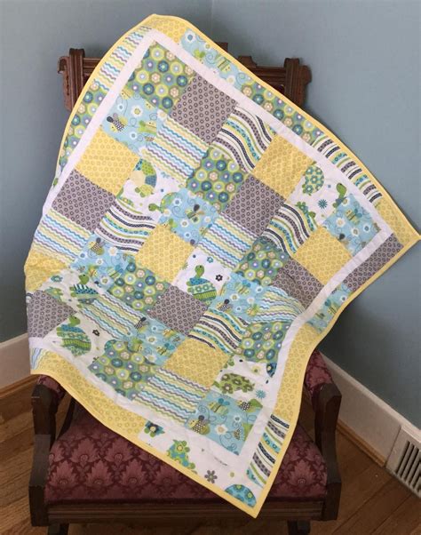 Patchwork Baby Quilt Gender Neutral Baby Quilt Yellow Blue Etsy