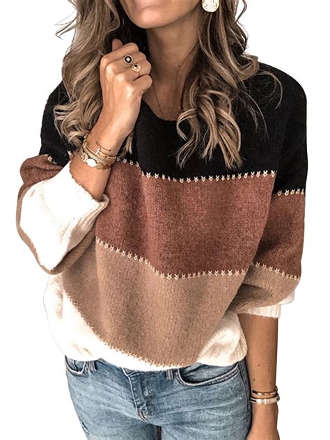 lumento women color block sweater basic kint pullover casual crew neck long sleeve jumper khaki