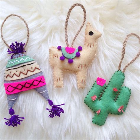 Set of 3 Peru Decorations. Hand Embroidered Felt Christmas Tree Decorations. Llama/Cactus ...