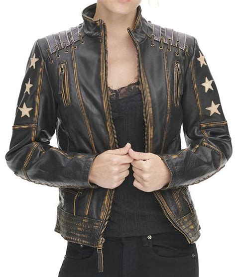 Biker Rivet Distressed Womens Stars Black Leather Jacket Jackets Creator