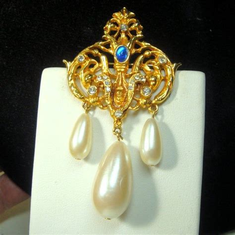 Filigree Gold Victorian Style Brooch W Pearl Dangles And Rhinestones